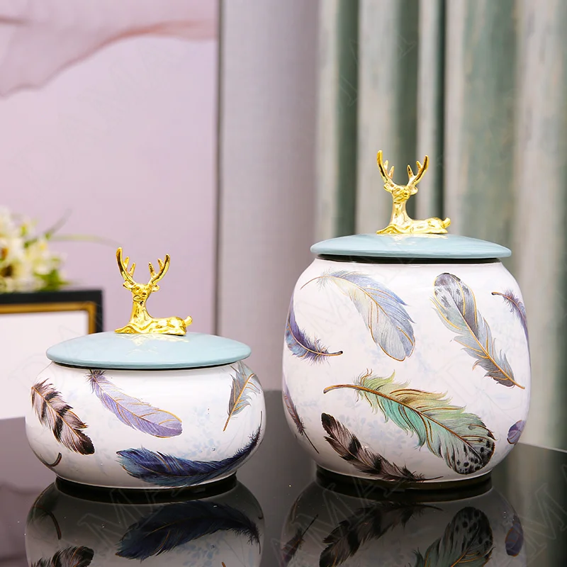 

Golden Elk Ceramic Storage Jars With Lid Flowers Decoration Jewelry Cosmetic Organizer Jar Dressing Table Organization Tanks New