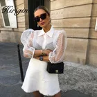 Женская прозрачная сетчатая блузка, прозрачный топ с длинным рукавом, блузка, модная прозрачная белая рубашка на пуговицах с жемчугом, женские блузы