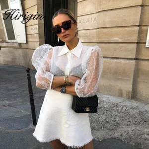 Женская прозрачная сетчатая блузка, прозрачный топ с длинным рукавом, блузка, модная прозрачная белая рубашка на пуговицах с жемчугом, женские блузы