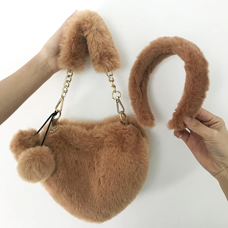 

Fashion Cute Winter Headband Hand Bag Bright Color Matching Bags Faux Fur headband Bag sets Heart Shape Handbag Warm Fur Purse