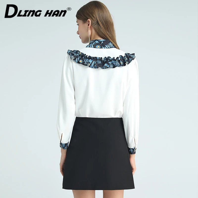 

DLINGHAN Fashion Long sleeve Ruffles Turn-down Collar Blouses + Beading Diamond Mini Skirts Two-piece set Designer Women New
