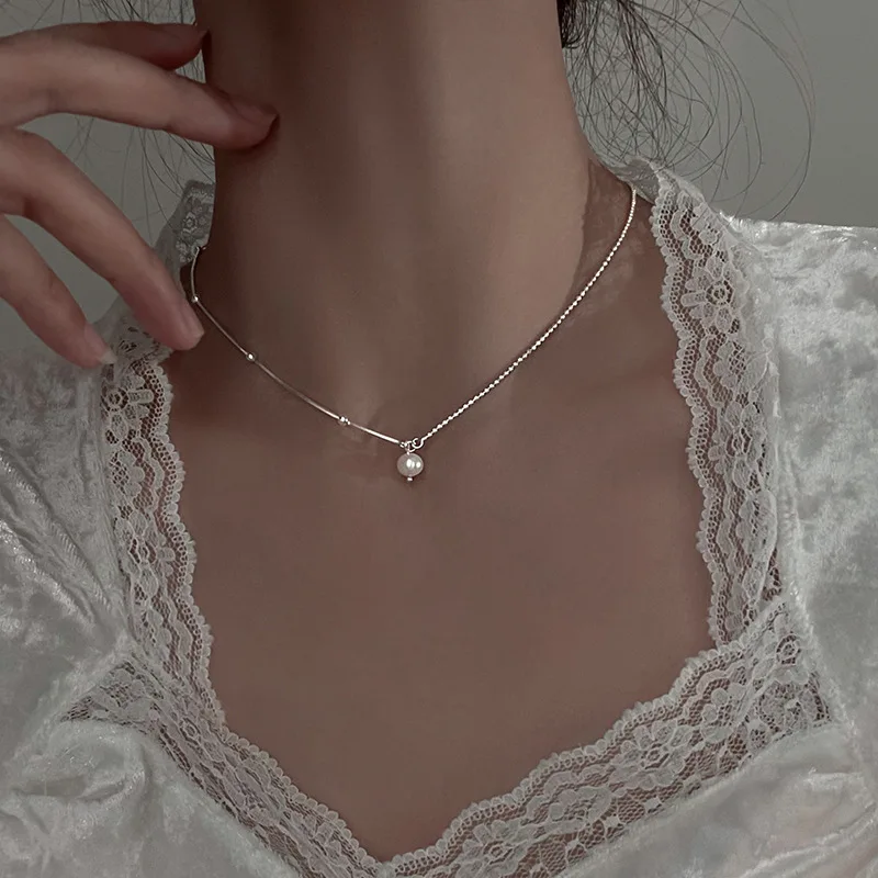 

Little Pearl Necklace S925 Sterling Silver Stamped Necklace Dainty Layering Pearl Jewelry Gifts for Women Mom Girlfriend Sisters