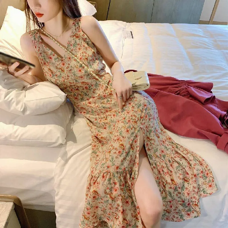 

Fashion Women Floral Sleeveless Split Dress Summer Beach Style Holiday Slim V-Neck Long Dress
