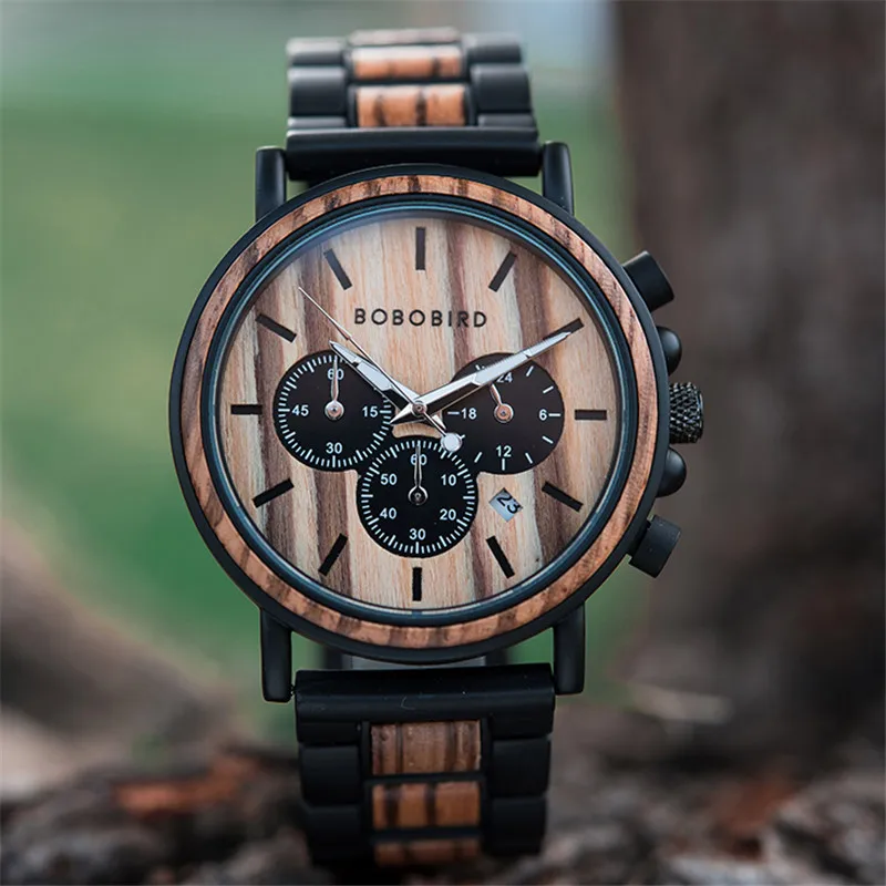 

BOBO BIRD Men Watch Wood Quartz Wrist Watches Multifunction Luminous Hand Chronograph Timepiece relogio masculino Gift with Box