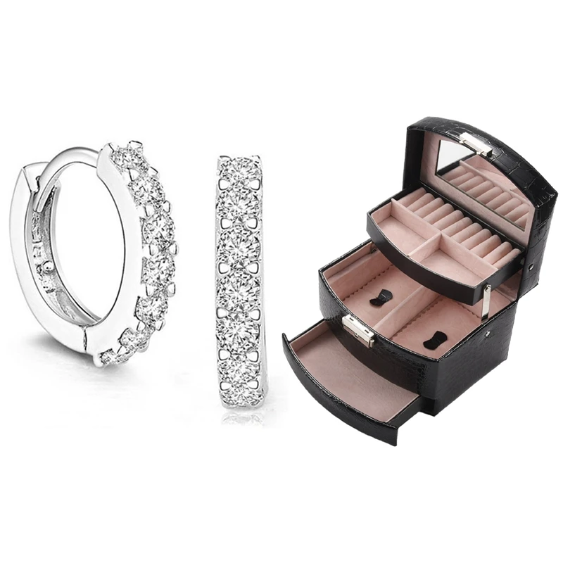 

1 Pair Elegant Silver Plated Zircon Earrings & 1 Pcs Automatic Leather Jewelry Box Three-Layer Storage Box