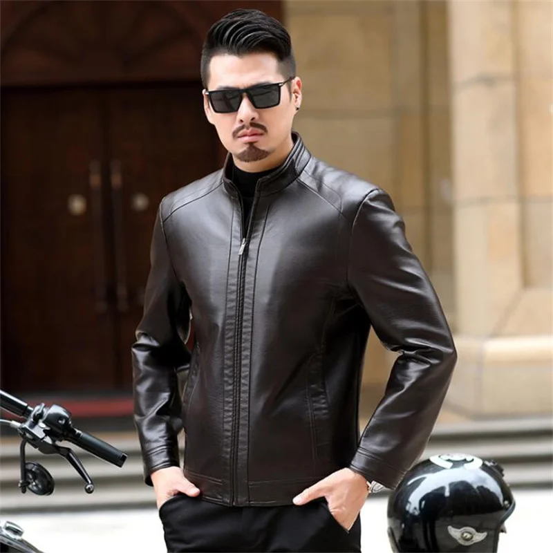 Leather jackets men's 2021 new autumn winter middle-aged stand collar leather coats casual motorcycle clothing black brown