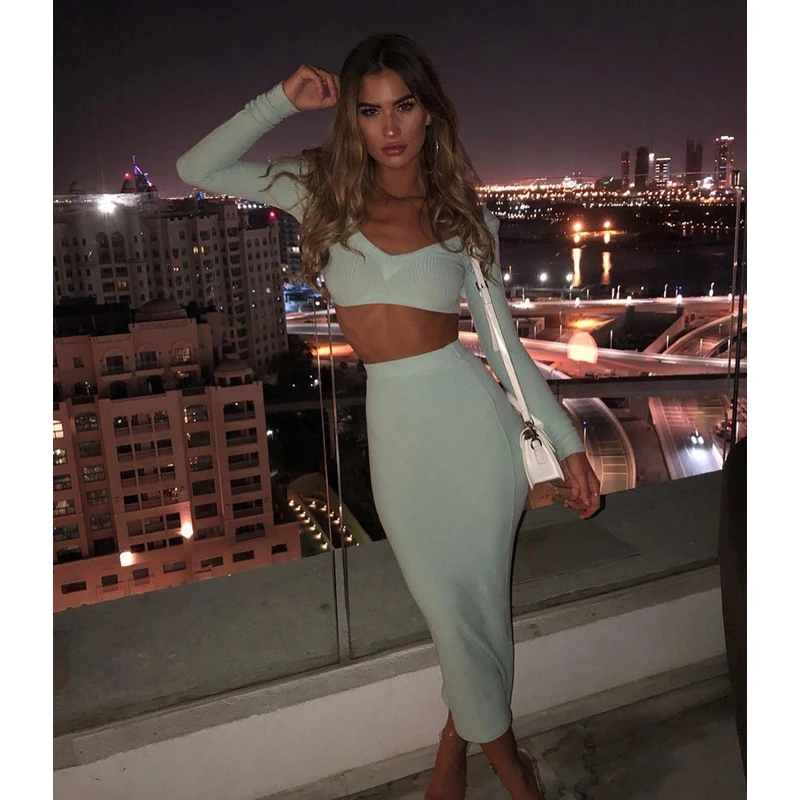 

Mandylandy Summer Long-Sleeve V-neck Short Top + High Waist Skirt Suit Women's Sexy Solid Color Slim Fit Stretch Skirt Suit