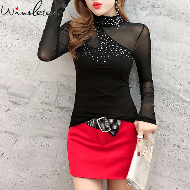 

Spring Fall European Clothes T-shirt Patchwork Sexy Transparent Mesh Diamonds Long Sleeve Back Tops All Match Tees 2021 T18017A