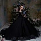 Черные платья с длинным рукавом и цветочным принтом для девочек, свадебные платья с кристаллами и бусинами, кружевные аппликации, пышные платья для девочек, детская официальная одежда
