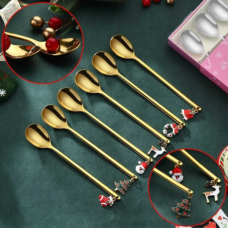 

Christmas Pendant Stainless Steel Tableware Spoon Ice Cream Stirring Coffee Spoon Handle Tea Spoons Kitchen Hot Drinking Spoon