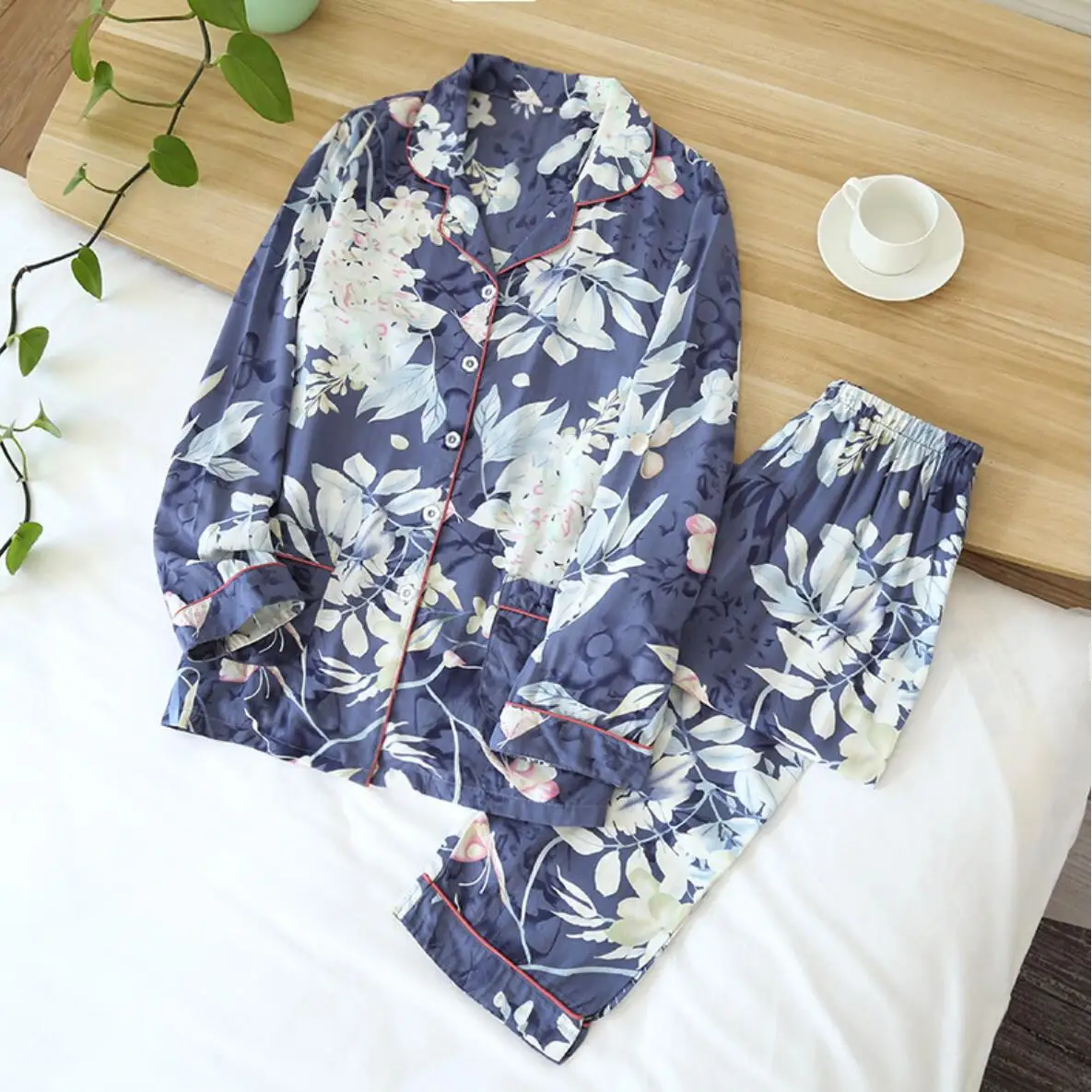 

Women's Summer Two-piece Home Suit for Spring and Summer Thin Long-sleeved Viscose Cotton Pants Pajamas Women Summer Cotton Suit
