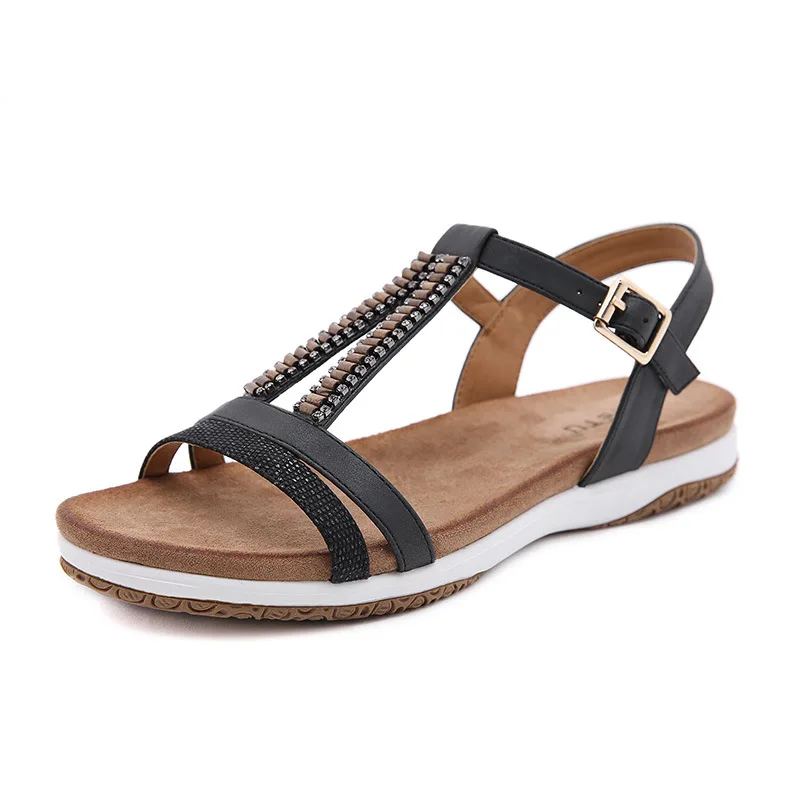 

CEVABULE New Retro Sandals Fashion Rhinestone Buckle Women's Shoes Comfortable Soft Sole Casual Open Toe Beach Shoes YSK