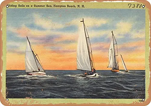 

Metal Sign - New Hampshire Postcard - Gliding Sails on a Summer sea, Hampton Beach, N.H. - Vintage Rusty Look Wall Decor for Ca