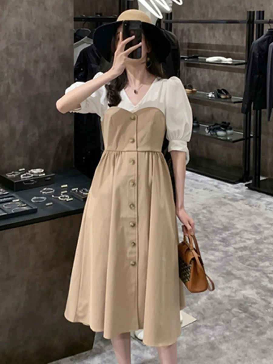 Женское платье из двух частей с пышными рукавами летние длинные корейские платья