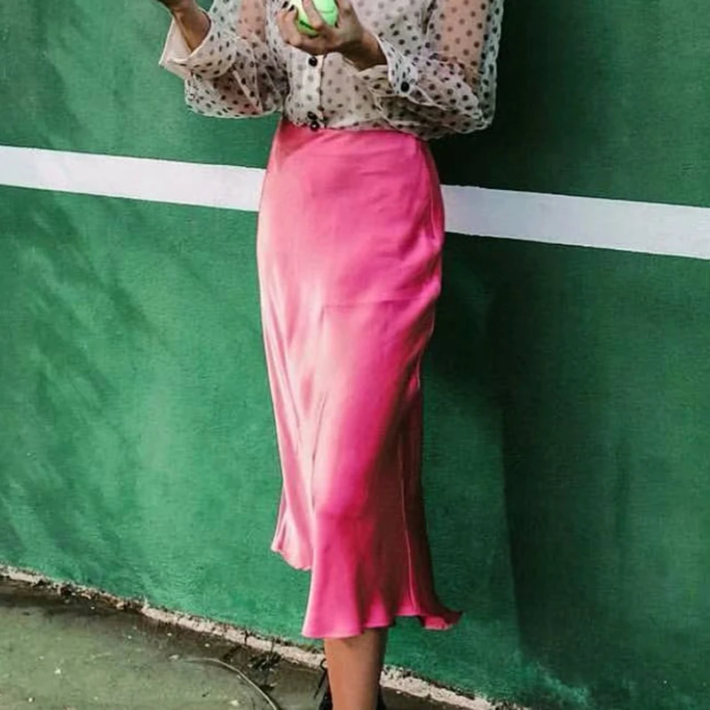 

2021 Slim Ladies Pink Satin Goth Skirt Women's Yellow Tight Pencil Skirt Girls Elegant Party Smooth Clothes Faldas Largas Mujer