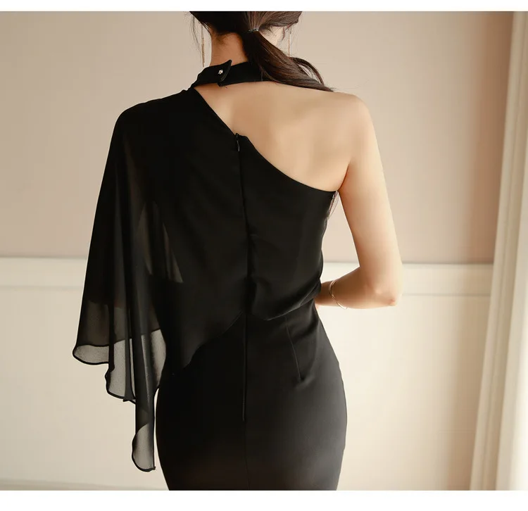 Gothic Chic Elegant Black Ladies Dresses Sexy Club Halter Neck One Shoulder Sleeve Female Chiffon Dress платья для женщин |