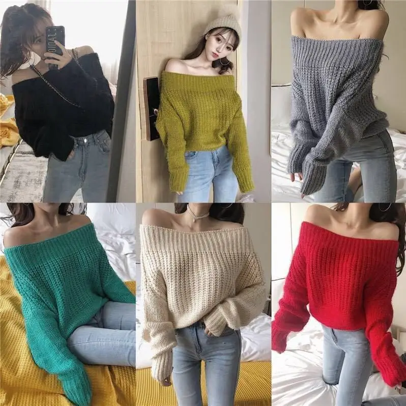 

Temperament women's one neck off shoulder long sleeve slim Korean loose lazy style Pullover
