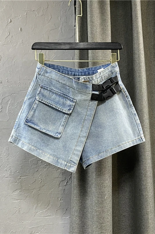 

Korean Style High Waist Shorts Skirt Women's 2021 New Summer Irregular Fake Two Piece Denim Shorts Female Fashion Pantskirt