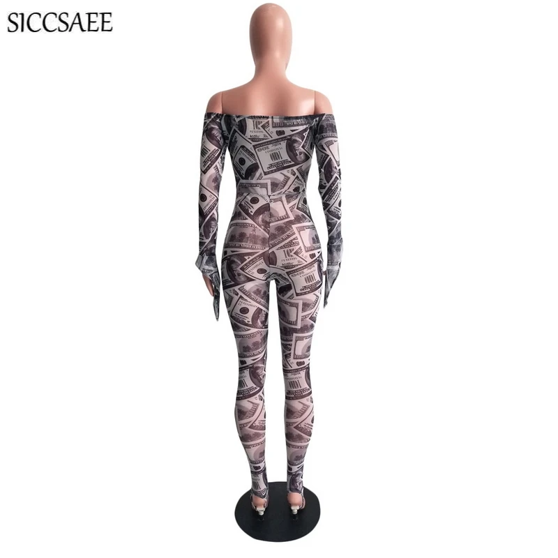

Off Shoulder Slash Neck Green Backs Printed Rompers Womens Jumpsuit Backless Bodycon Bandage Bodysuit Sexy Club Wear Catsuit