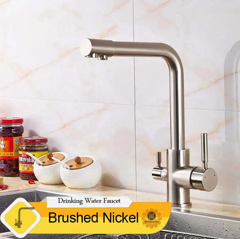 brushed nickle Роскошные хром латунь чистой воды Кухня кран с двойной ручкой горячей и холодной питьевой воды 3-х полосная фильтр Кухня смесители - Цвет: brushed nickle