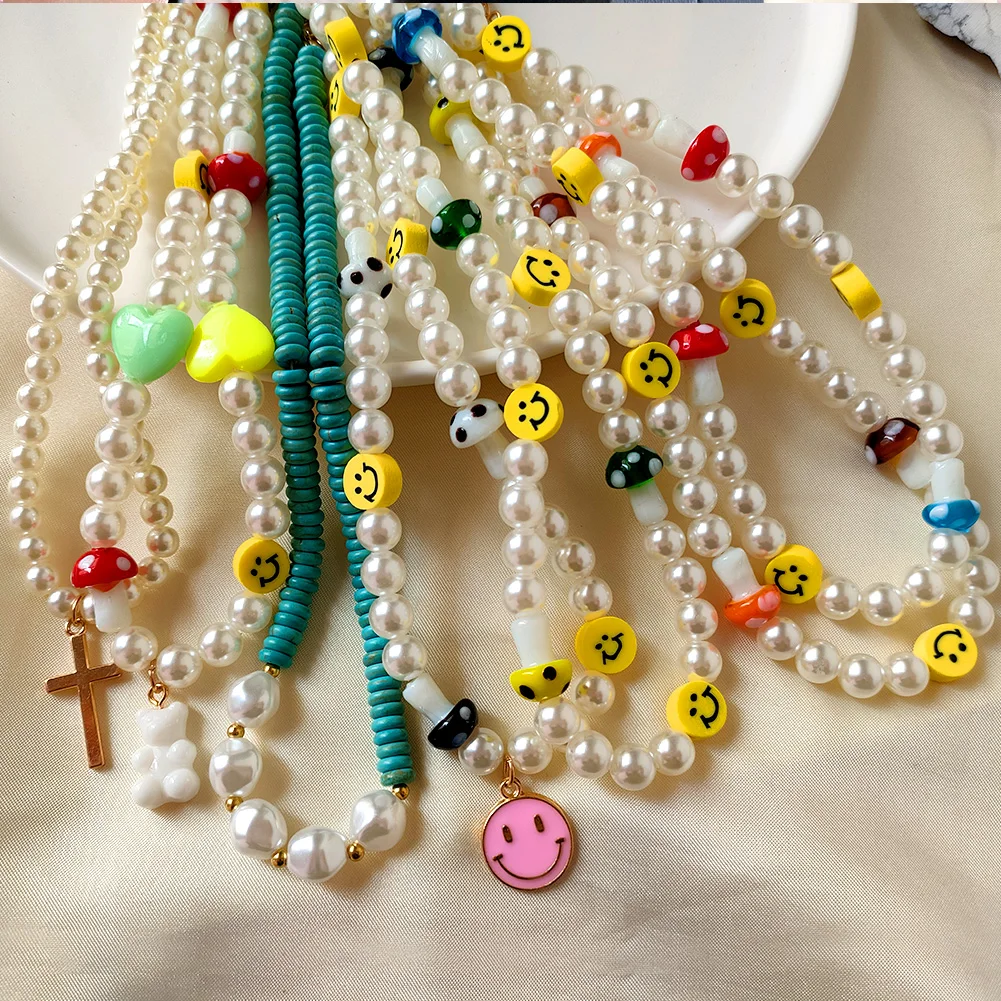 

Candy Color Mushroom Smiley Imitation Pearl Beaded Necklaces For Women Girls Sweet Handmade Choker Necklaces Daily Party Jewelry