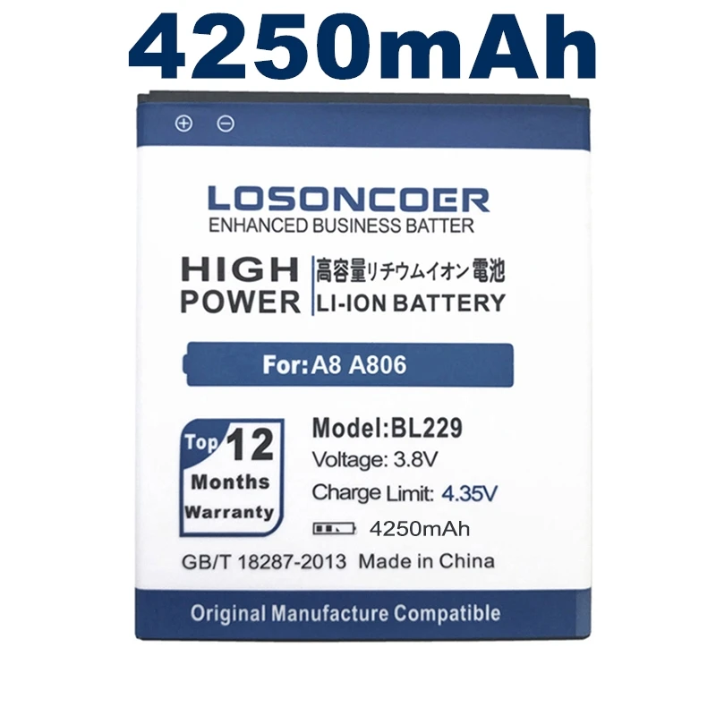 LOSONCOER 4250 мАч BL229 Высококачественный аккумулятор для lenovo A8 A806 A808T сменный литий-ионный аккумулятор для телефона