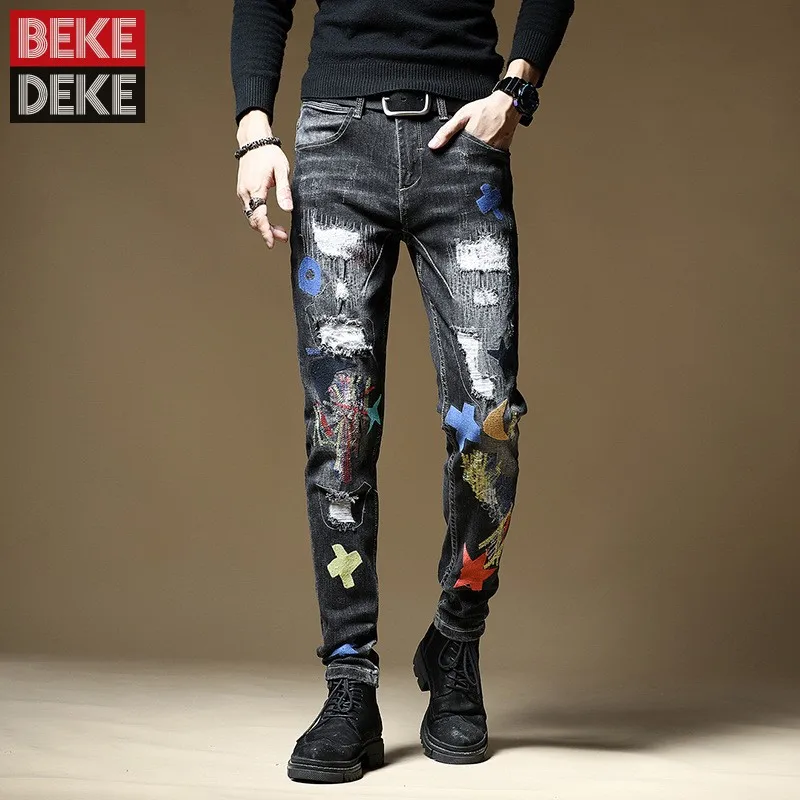 

Fashion Mens Hole Ripped Jeans Slim Fit Stretchy Embroidery Pencil Pants Casual Streetwear High Quality Skinny Denim Pants 38