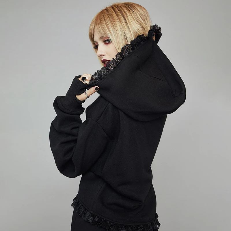 Женский укороченный топ с капюшоном InsDoit черный готический Кружевной в стиле