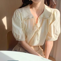 women puff sleeve solid shirt peter pan collar kawaii korea blouse shirt preppy style short sleeve cute chic tops female