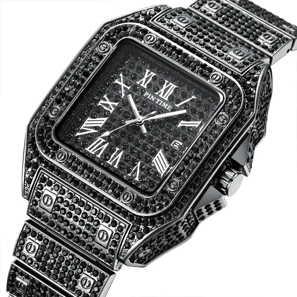 Хип-хоп Iced Out мужские часы с квадратным бриллиантом кварцевые роскошные мужские s наручные часы золотые римские часы с календарем стальные часы Relogio Masculino