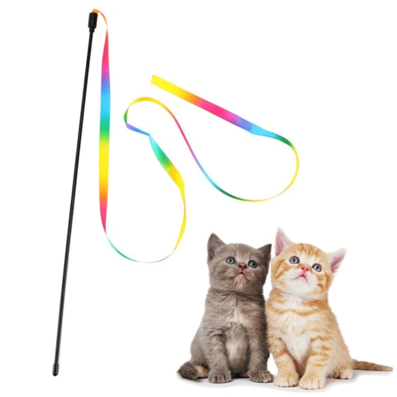 

Cat Toys Funny Kitten Wand Realistic Plastic Stick Rainbow Ribbon Stick Fishing Rod Stick Teaser