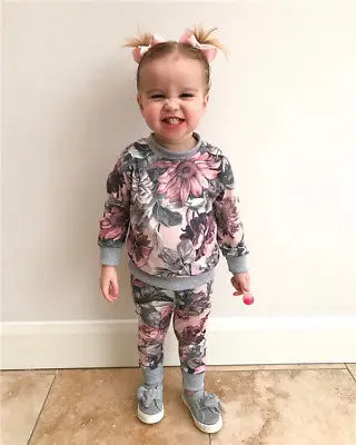 

Baby Girl Floral Clothes Sets Long Sleeve T-Shirt Tops Long Pants Outfit Home Wear Clothes