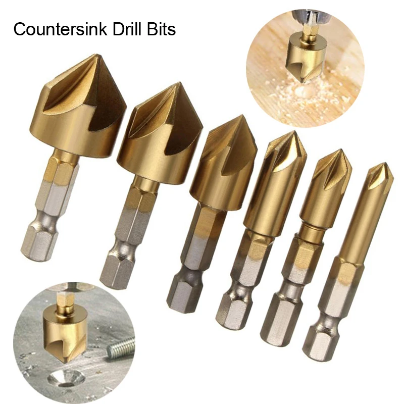 

6pcs 5 Flutes HSS Countersink Chamfer Drill Bit 1/4" Hex Shank Titanium Coated Woodworking Core Dril Bit Power Tool Accessories