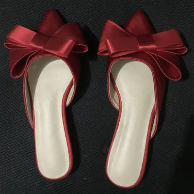 

2021 spring and summer women's shoes Korean silk satin Pointed bow tie slippers Baotou flat heel sets semi slippers