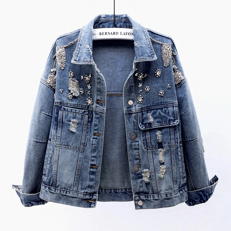 

Autumn Fashion Beading Diamonds Denim Jacket Coat Women Casual Frayed Outerwear Loose Short Jeans Jacket Female Chaqueta Mujer