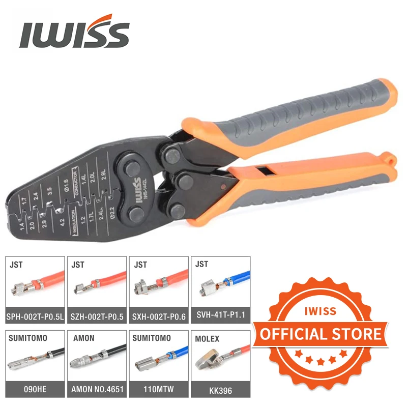 

IWISS IWS-1442L Щипцы для обжима микроразъемов AWG30-14 с открытым корпусом и разъемами от Molex, TE AMP, JST,JAE, HRS