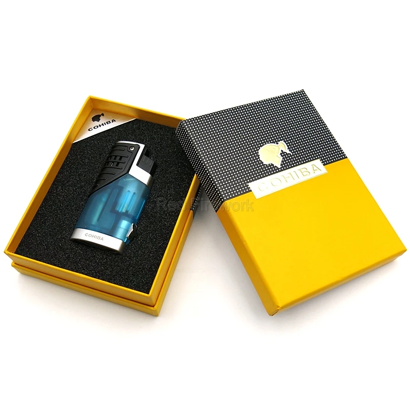 Абсолютно новые зажигалки COHIBA, классические, портативные, ветрозащитные, тройные, 3 пламени, сигареты, сигары, зажигалка с сигарой, удар, подарочная коробка