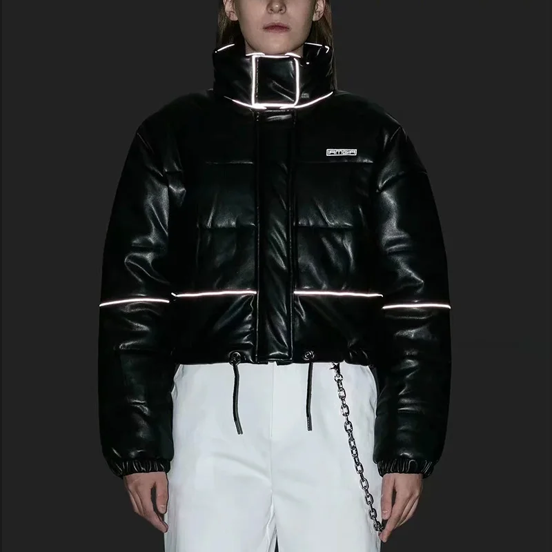 Куртка женская зимняя из искусственной кожи со светоотражающей хлопковой