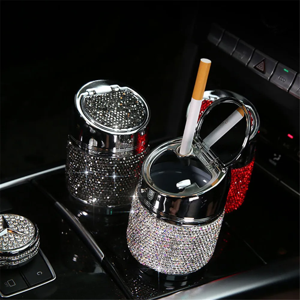 

Luxury Diamond Car Ashtray Pink White Gold Color Crystal Shiny Auto Ashtray with Cover for Car Great Gift for Women Girls