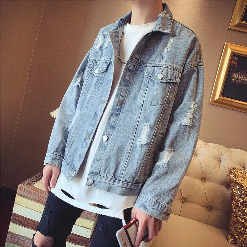 

ABOORUN 2021 Men's Fashion Denim Jackets Billards Printed Hole Jean Jackets Spring Autumn Cotton Coat for Male