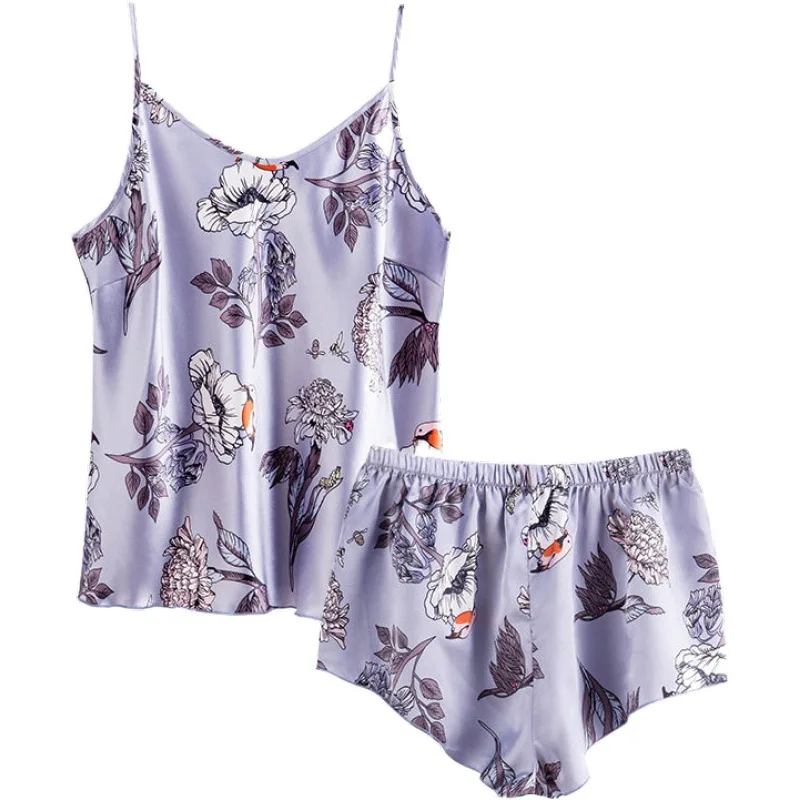 

2020 fresh NEW SILK like PAJAMA SET sleep women's summer sexy thin printed suspender Shorts silver gray Set cool home clothes