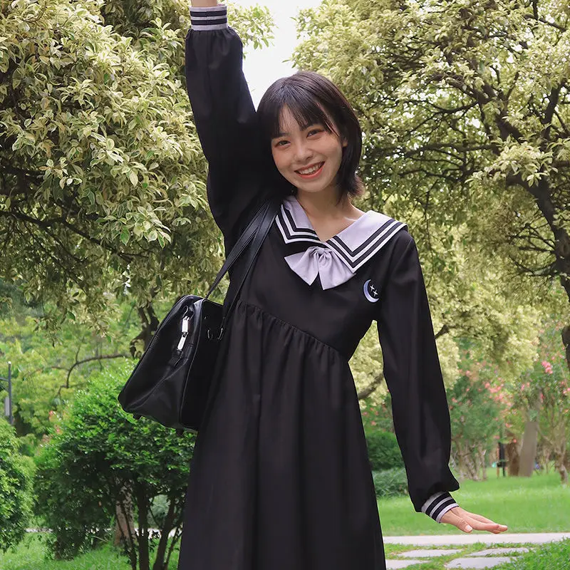 

HOUZHOU Kawaii Dress Women Long Sleeve Dresses Lolita Sailor Collar Preppy Style Bow Jk Outfits Spring Autumn Black Japanese