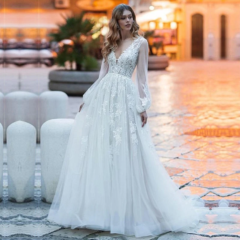 

LORIE Long Sleeve O-neck Elegant Lace Appliques Tulle Wedding Dresses Boho Beach Princess Bridal Gowns Custom Made Plus Size
