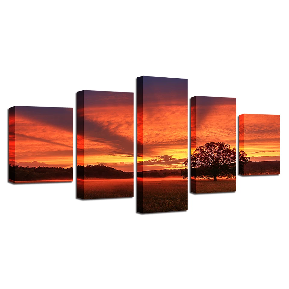 

Wall Art Decor For Living Room Frame 5 Pieces Trees Sunrise Landscape Paintings Modern HD Printed Poster Modular Canvas Pictures
