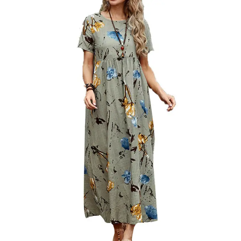 

Women Summer 2021 Dress Flowers Printed Short Sleeve Long Dress Beach Holiday Casual Loose Round Neck Fashion Ladies Dresses