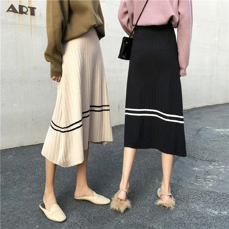 

2023 Autumn Winter Fashion Women Stripe Print A-line High Waist Knitted Sweater Skirt Female Long Skirts Jupe Femme Y691