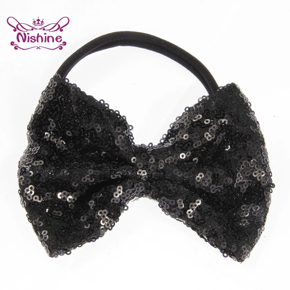 Повязка на голову для девочек нейлоновая однотонная с блестящим бантом большой