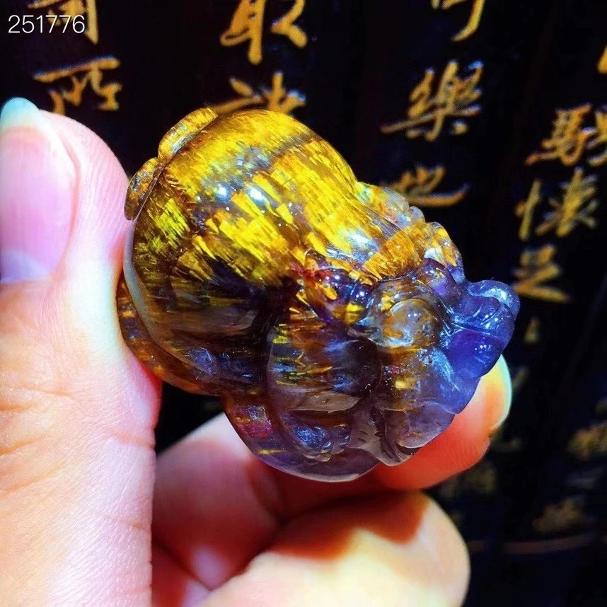 

Genuine Natural Cacoxenite Purple Gold Rutilated Pi Xiu Carved Pendant 30.3x20.3x20mm Auralite 23 Women Necklace AAAAAA