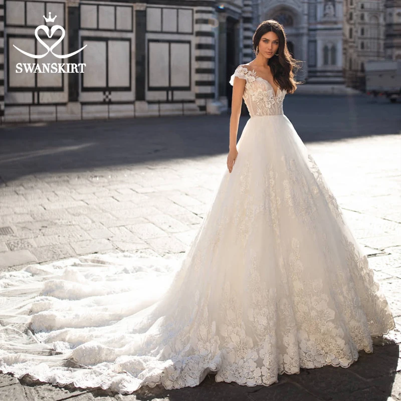 Милая свадебное платье Swanskirt I211 аппликации кружево с открытыми плечами платье трапециевидной формы платье принцессы, свадебное платье, украшенное бусинами с цветочным принтом; Vestido de Noiva - Цвет: Слоновая кость