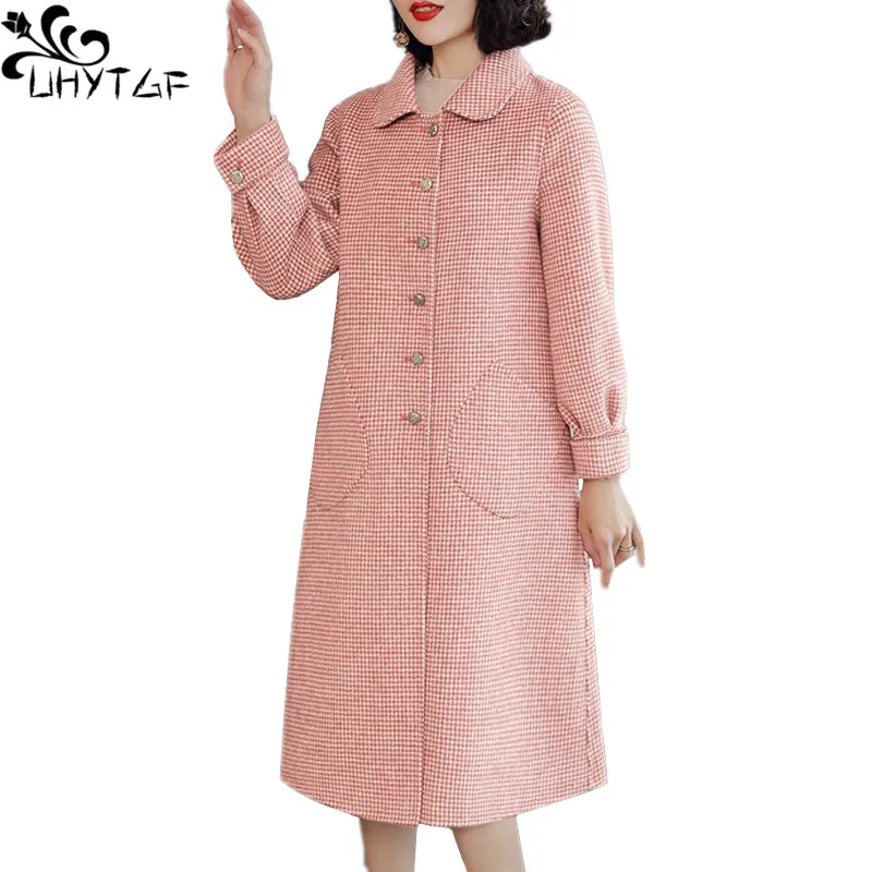 

UHYTGF Plus size long Woolen jacket women coat fashion winter warm jacket women woolen coat jacket winter women lattice coat 693